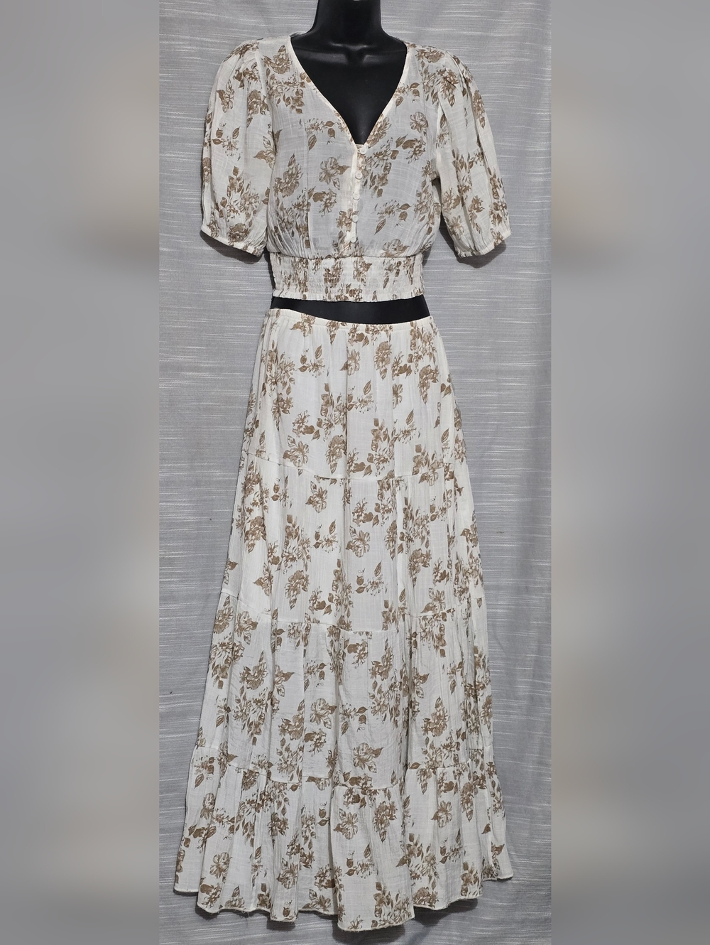J. Gee White & Brown Floral Women’s 2-piece Tiered Skirt Set Elastic Waist Sz M